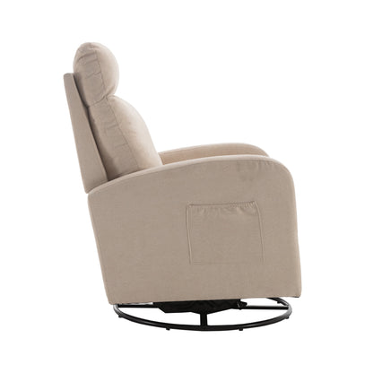 Swivel Glider for Nursery, Comfy Swivel Rocking Glider Chair with Comfortable Headrest and Lumbar Pillow, Beige Velvet