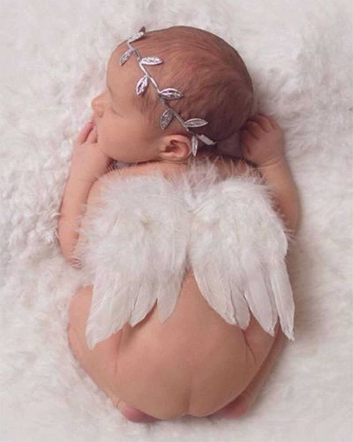 2PCS White Baby Angel Wings with Headband, Newborn Photography Props Infant Angel Wings, Soft Feather Wings Small Newborn Photography Outfits Angel Fairy Wings, Baby Angel Costume 0-6 Months