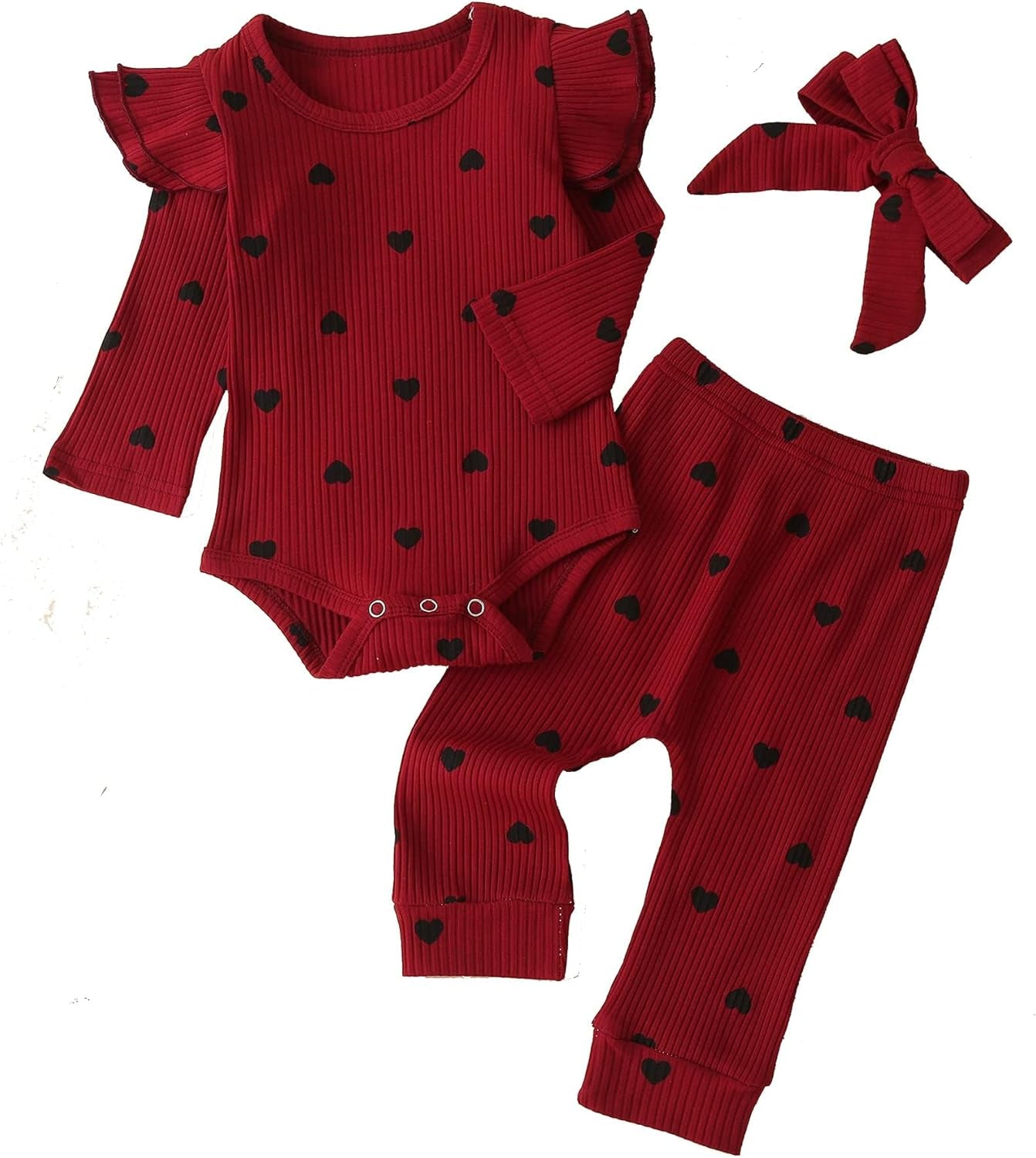 Baby Girl'S 3Pc Rib Frill Long Sleeve Romper and Pant Set