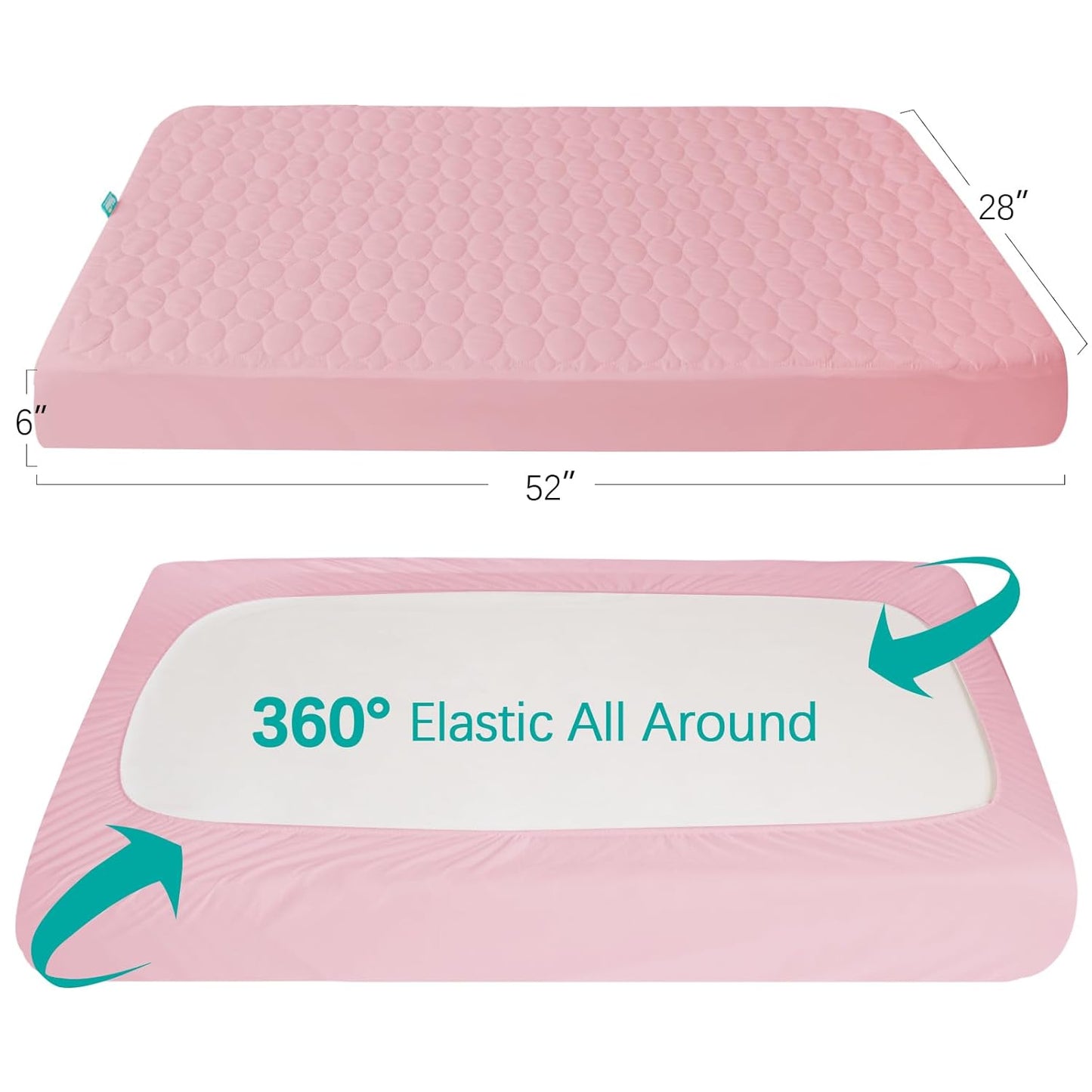 Crib Mattress Protector Pad Waterproof, Toddler Waterproof Crib Mattress Protector Cover, Machine Washable & Dryer Fit Baby Toddler Bed Mattress Protector (Standard Size 52” X 28”), Pink