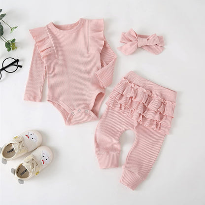 Baby Girl'S 3Pc Rib Frill Long Sleeve Romper and Pant Set