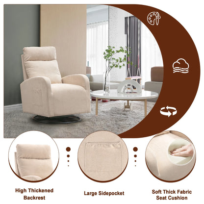 Swivel Glider for Nursery, Comfy Swivel Rocking Glider Chair with Comfortable Headrest and Lumbar Pillow, Beige Velvet