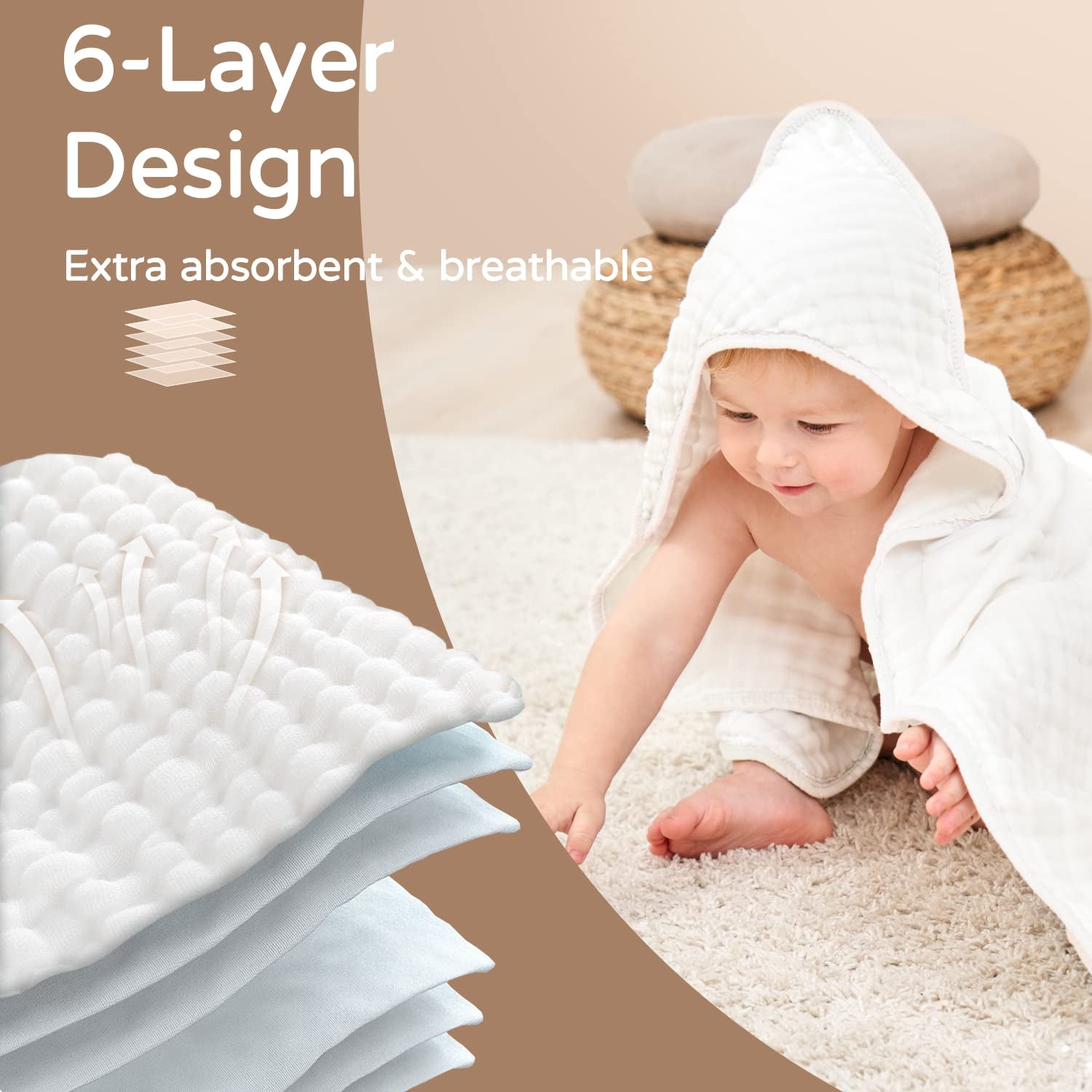 Hooded Baby Towels for Newborn 100% Muslin Cotton Baby Bath Towel with Hood for Babies, Infant, Toddler and Kids, Large 32X32Inch, Soft and Absorbent Newborn Essential