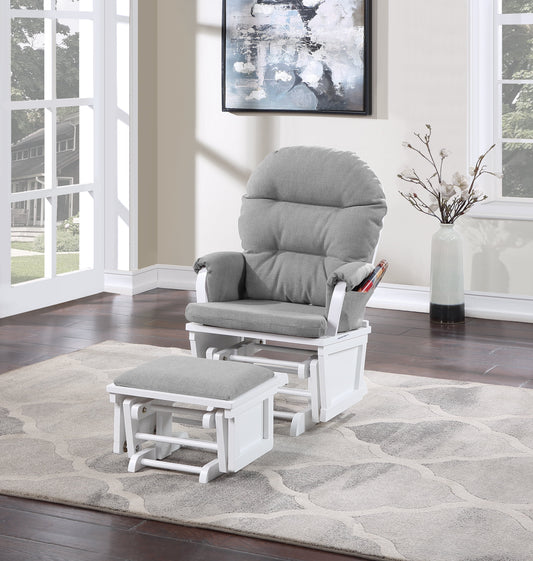 Madison Glider and Ottoman White Wood Oyster Fabric