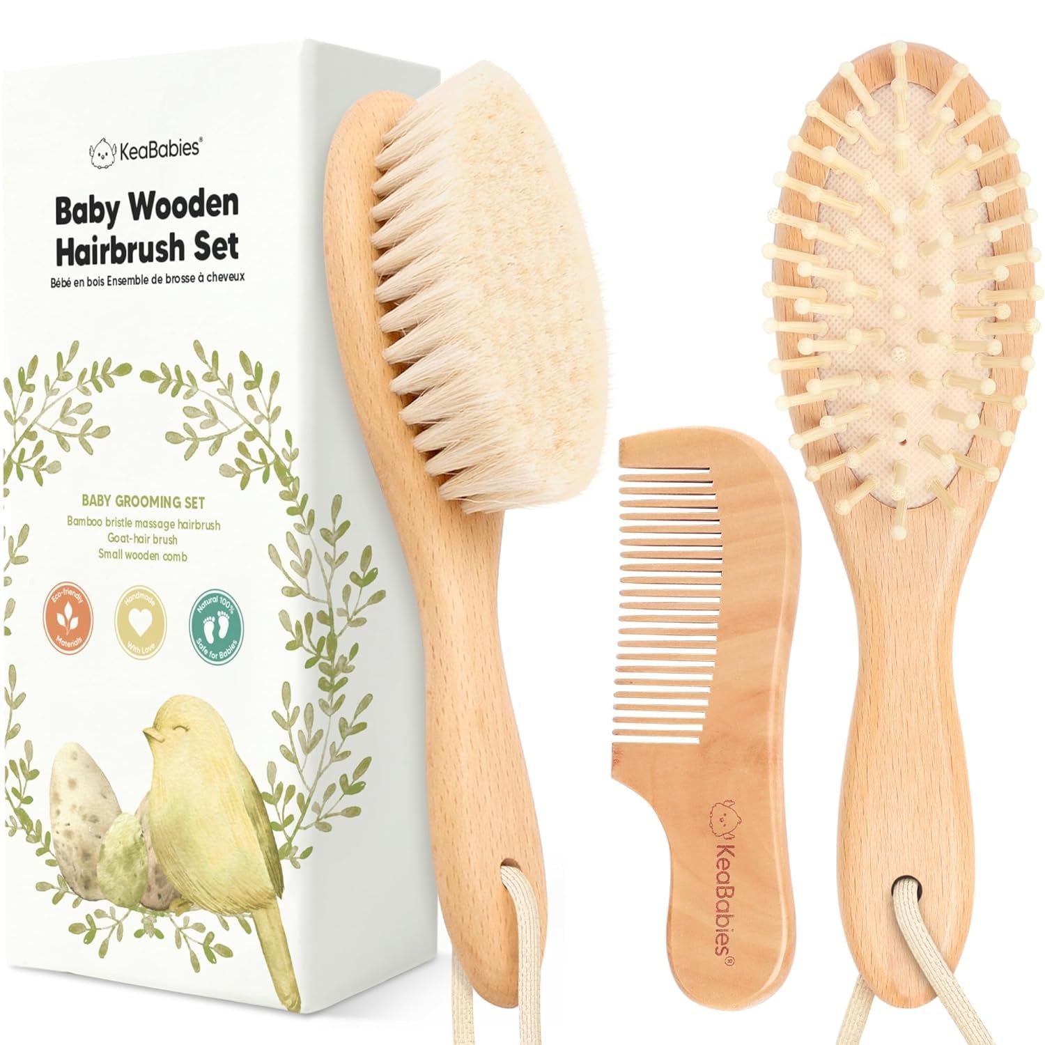 Baby Hair Brush and Comb Set for Newborn - Wooden Baby Hair Brush Set with Soft Goat Bristle, Baby Brush Set for Newborns Baby Brush and Comb Set Girl, Boy, Toddler Cradle Cap Brush (Oval, Walnut)