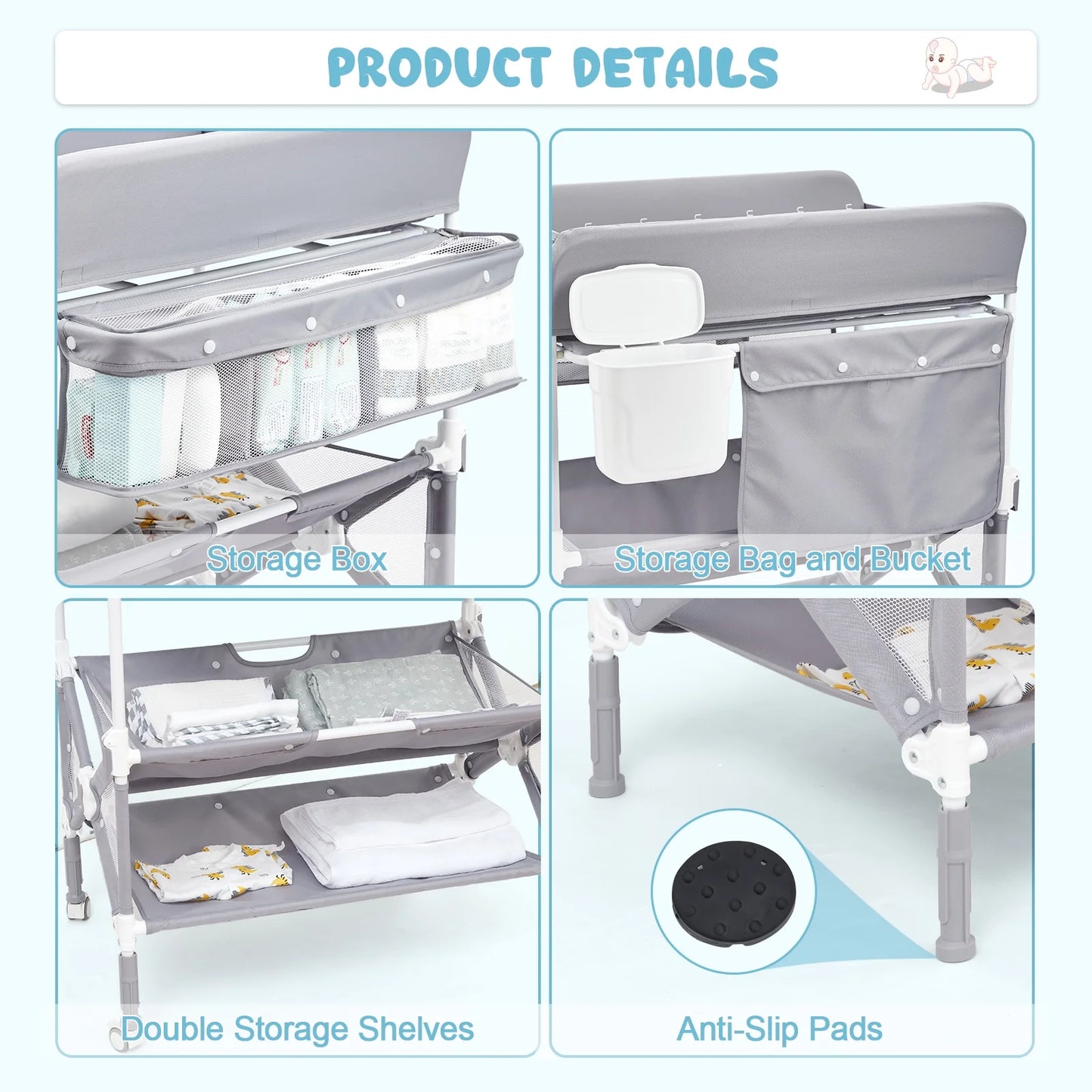 Portable Baby Changing Table with Wheels,Adjustable Height ,Foldable Diaper Change Table with Cleaning Bucket , Nursery Organizer & 2 Tier Storage Rack, Infant Newborn Mobile Nursery Organizer