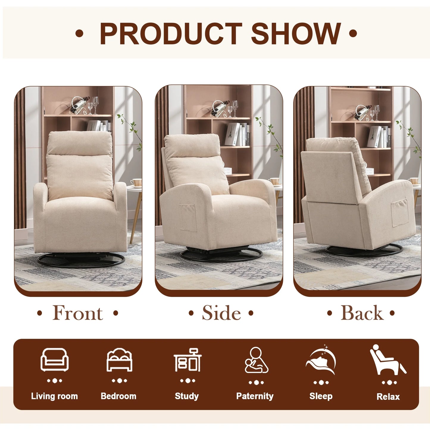 Swivel Glider for Nursery, Comfy Swivel Rocking Glider Chair with Comfortable Headrest and Lumbar Pillow, Beige Velvet