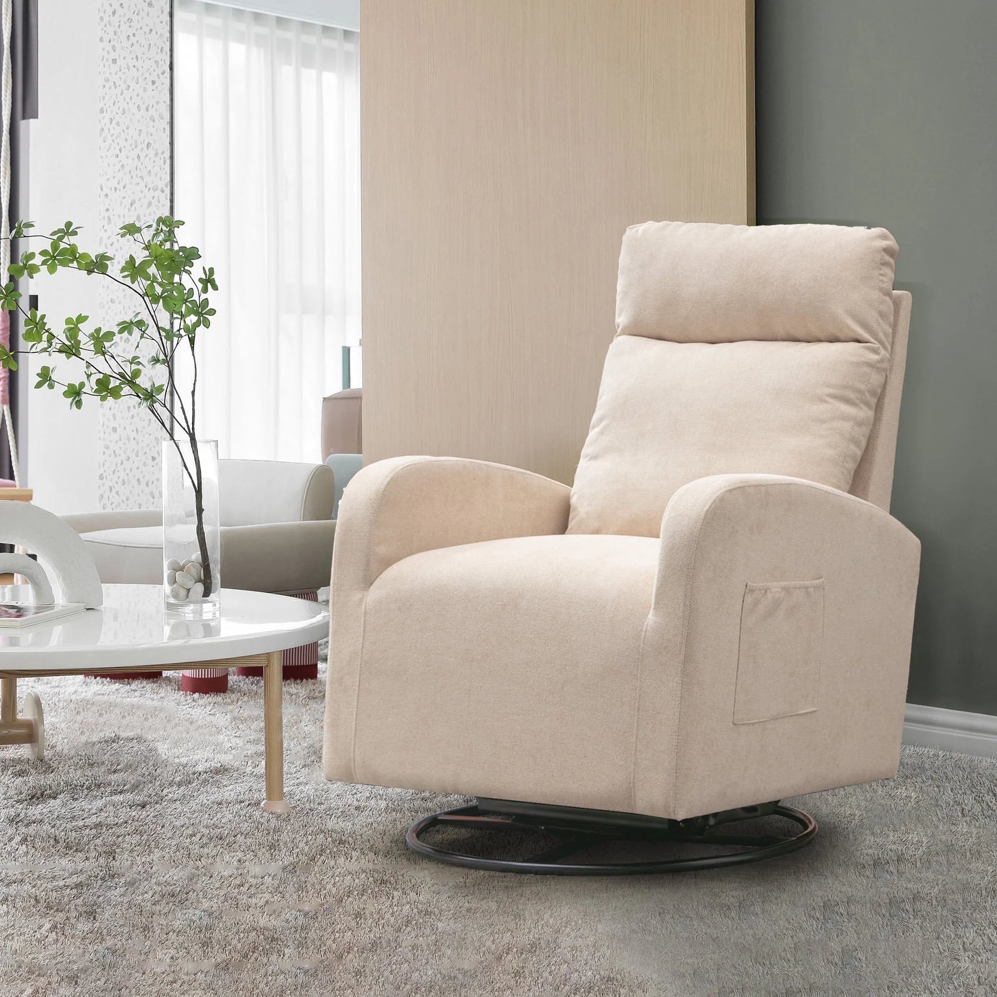 Swivel Glider for Nursery, Comfy Swivel Rocking Glider Chair with Comfortable Headrest and Lumbar Pillow, Beige Velvet