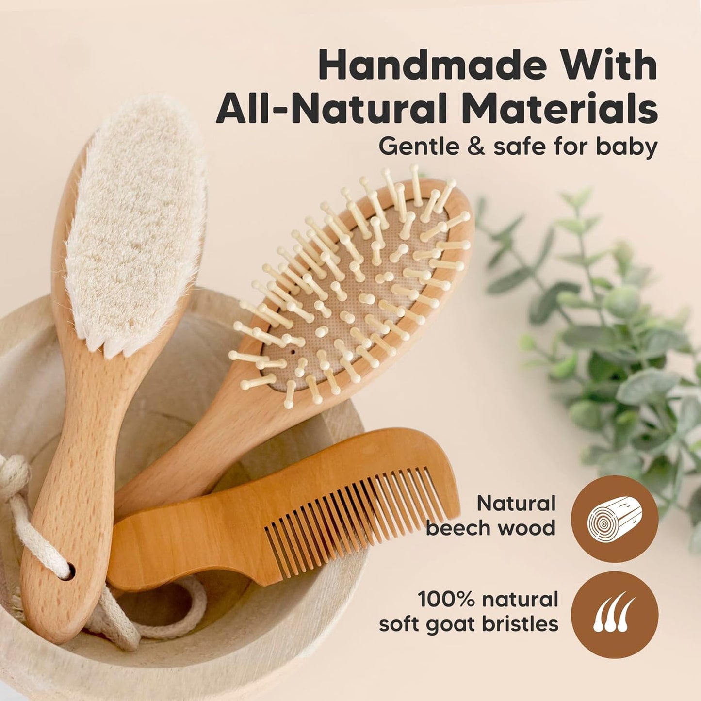 Baby Hair Brush and Comb Set for Newborn - Wooden Baby Hair Brush Set with Soft Goat Bristle, Baby Brush Set for Newborns Baby Brush and Comb Set Girl, Boy, Toddler Cradle Cap Brush (Oval, Walnut)