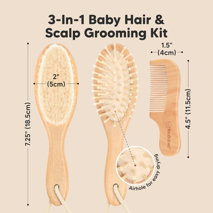 Baby Hair Brush and Comb Set for Newborn - Wooden Baby Hair Brush Set with Soft Goat Bristle, Baby Brush Set for Newborns Baby Brush and Comb Set Girl, Boy, Toddler Cradle Cap Brush (Oval, Walnut)