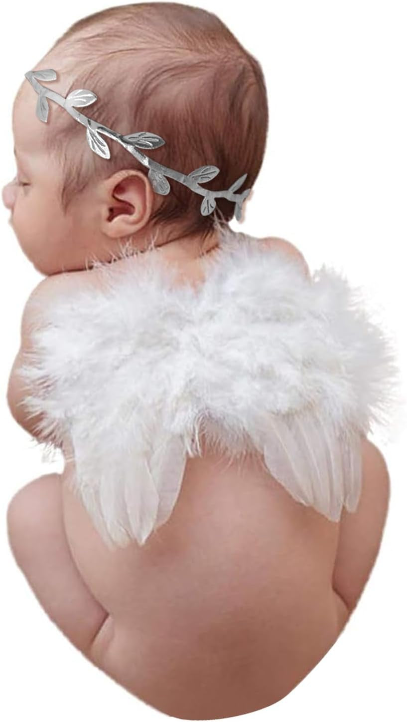 2PCS White Baby Angel Wings with Headband, Newborn Photography Props Infant Angel Wings, Soft Feather Wings Small Newborn Photography Outfits Angel Fairy Wings, Baby Angel Costume 0-6 Months